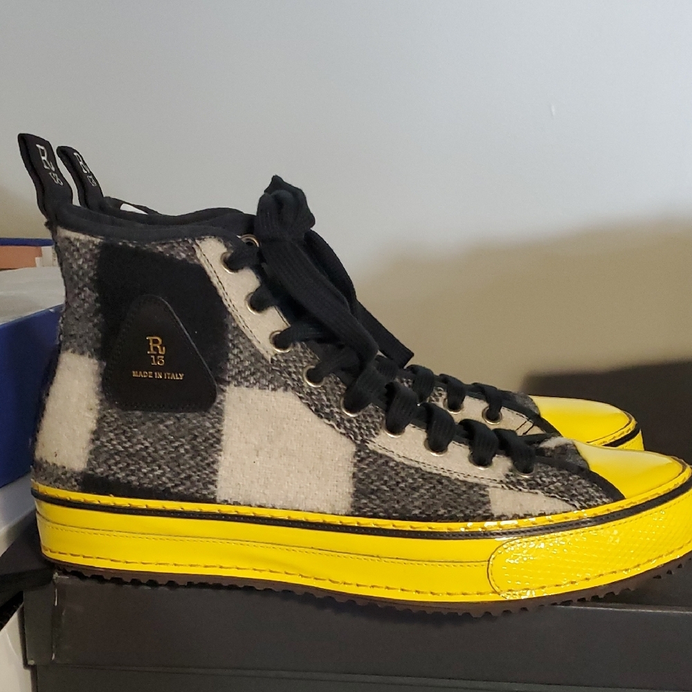 NIB $990 Black and Yellow High-Top Unisex Wooly Plaid R13 Sneakers